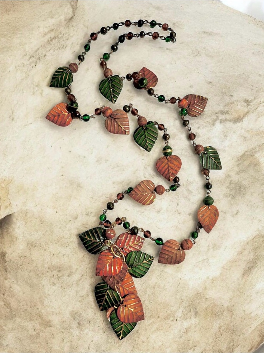 Beaded Copper Leaf Necklace Gold Chain Drop w/Wooden Bead & Amber Green Accents